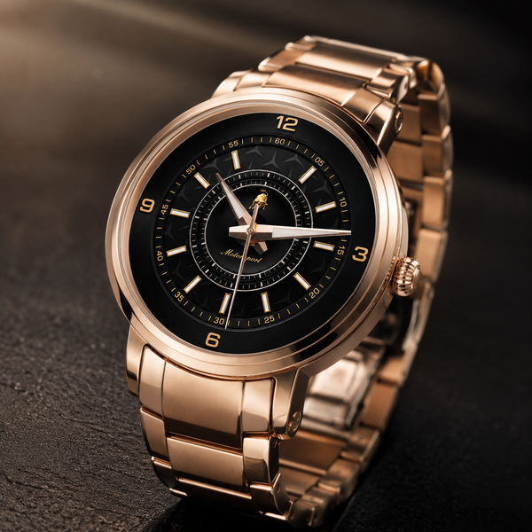 A luxury men's analog watch with a polished rose gold metal bracelet and case, featuring a black dial with gold-tone indices and hands.