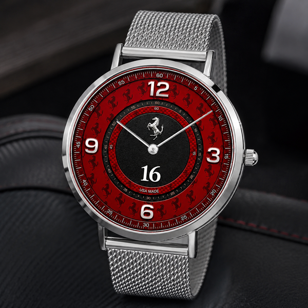 Joventra Rosso Red Italian racing watch in gold stainless steel case with matching gold mesh bracelet band.