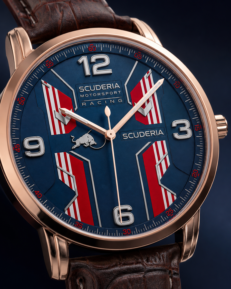 A close-up of a Scuderia Motorsport Racing watch featuring a blue dial with red and white racing stripes, a rose gold case, and a brown leather strap.