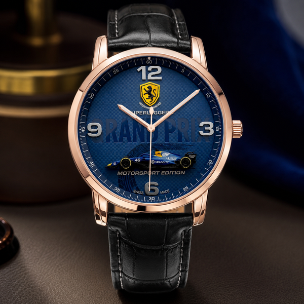 A luxury wristwatch with a blue Grand Prix themed dial, rose gold case, and black leather strap, set against a dark, elegant background.