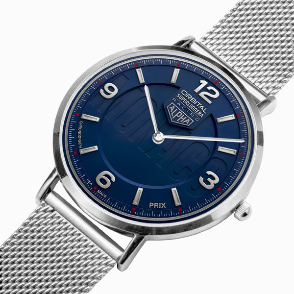 A close-up studio shot of a ALPHA Orbital PRIX stainless steel watch with a textured blue dial and a silver mesh strap on a white background.