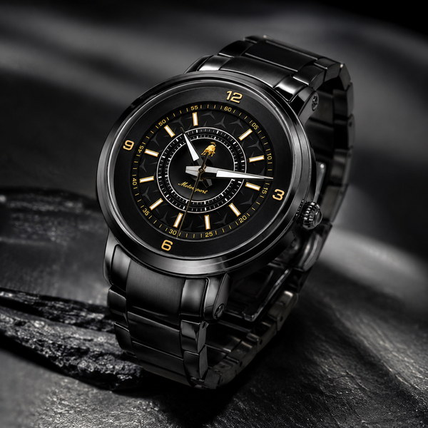 A black stainless steel men's watch with a matching black link bracelet, featuring a black dial with gold-tone hands, markers, and a small animal logo at the center.