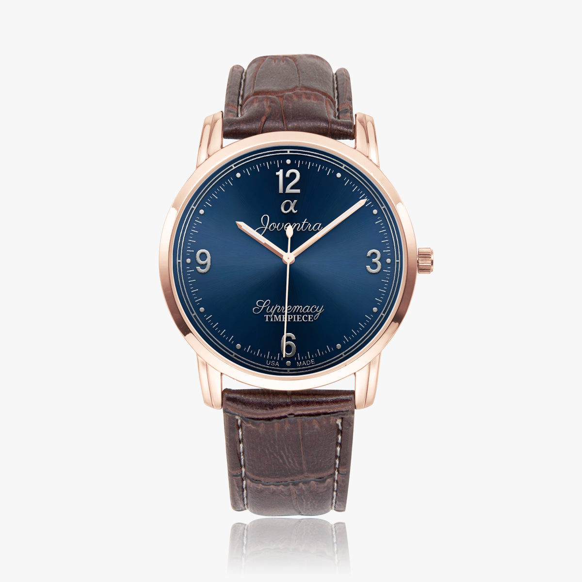 Joventra Supremacy Alpha Sunburst Blue watch — silver stainless steel case with genuine leather strap