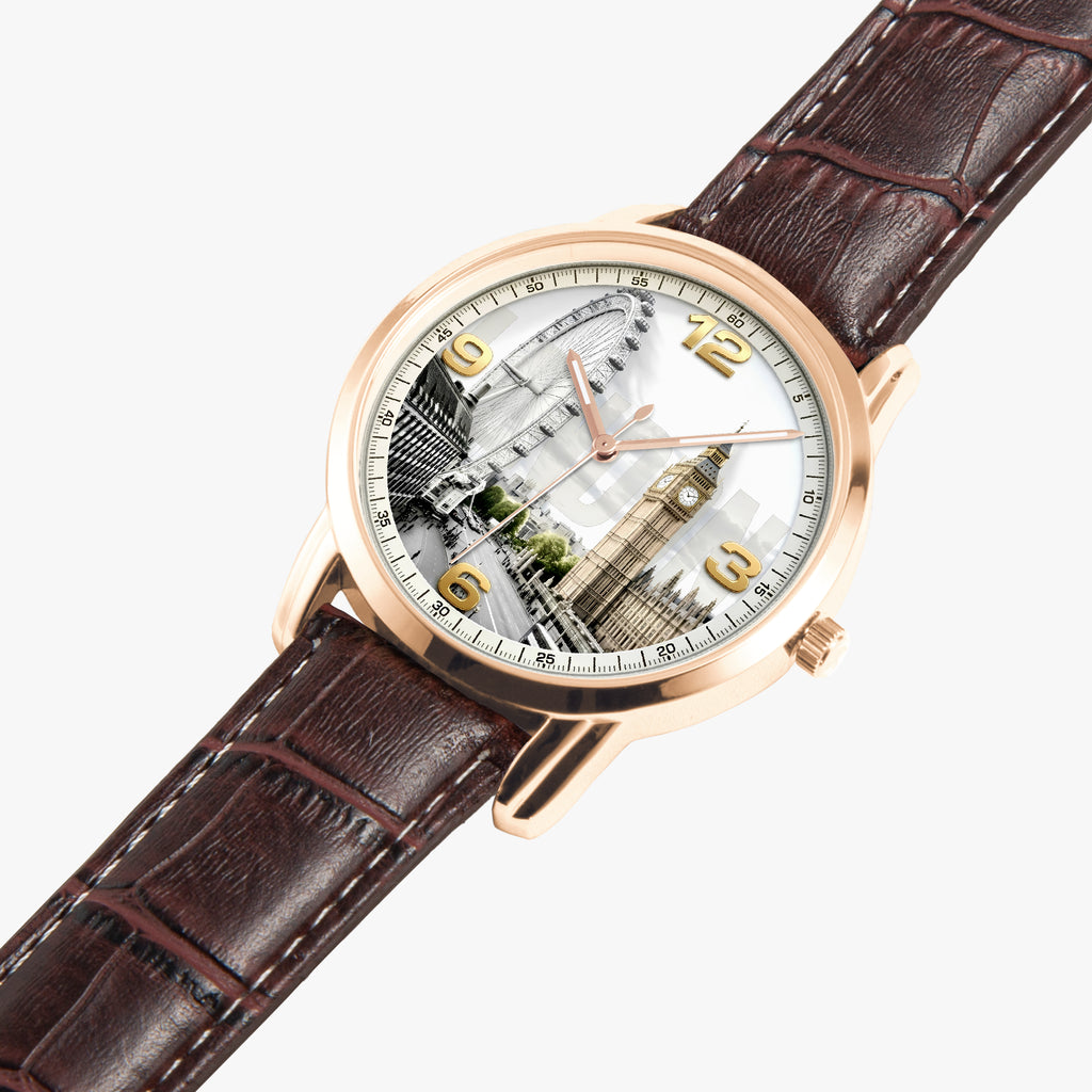 A wristwatch with a rose gold-toned case, a brown textured leather strap, and a white dial featuring a London cityscape illustration with Big Ben and other landmarks.