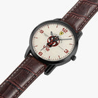 A Joventra Rosso Corsa V12 Team Edition watch featuring a brown alligator leather strap, a black case, and a cream-colored dial with red and black racing details.