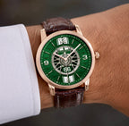 Joventra 1967 classic muscle GT racing green watch in rose gold case with black leather strap.