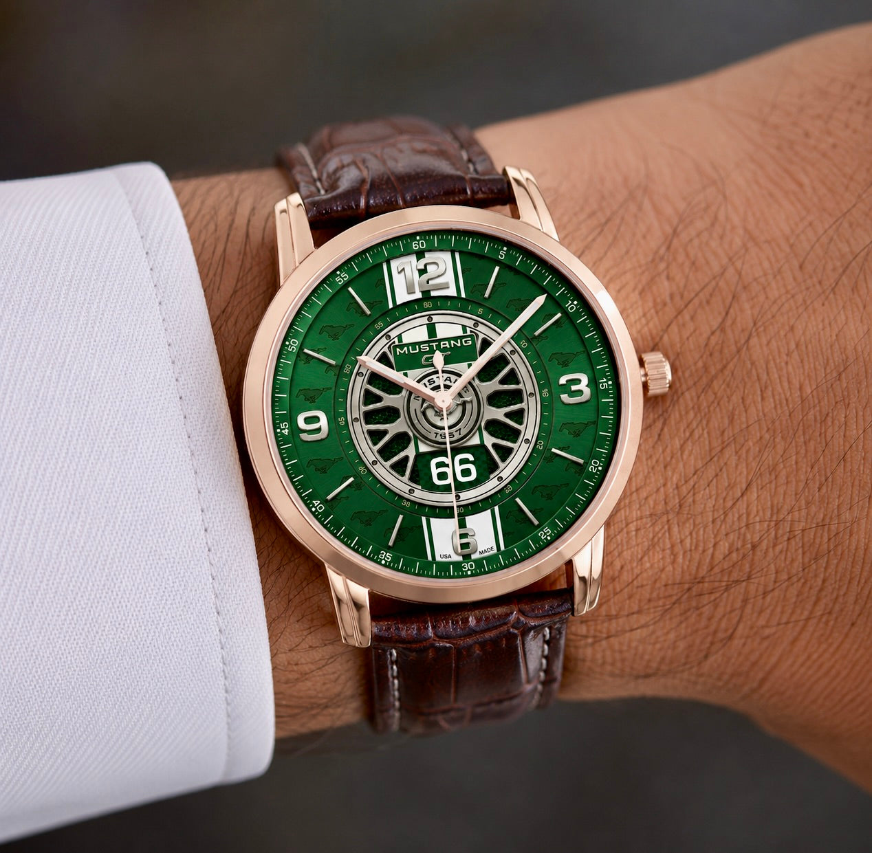 Joventra 1967 classic muscle GT racing green watch in rose gold case with black leather strap.