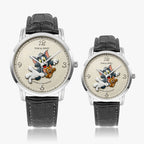 Retro Cat & Mouse cartoon Joventra watch — detail view of dial and leather strap