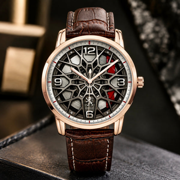 Joventra Monaco Apex F1 Racing Watch – Golden case with brown leather strap, 43mm