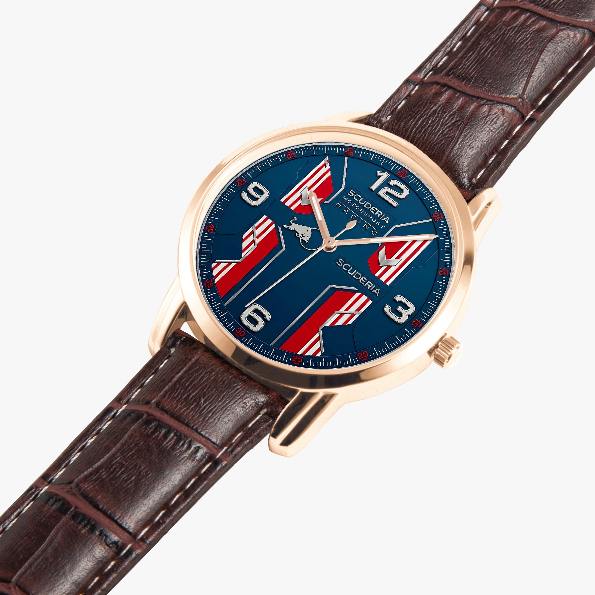 A close-up of a Sculabora watch with a blue dial decorated with red and white American flag patterns, a rose gold case, and a brown leather strap on a light gray background.