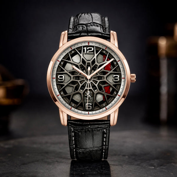 Joventra Monaco Apex F1 Racing Watch – Golden case with black leather strap, 43mm