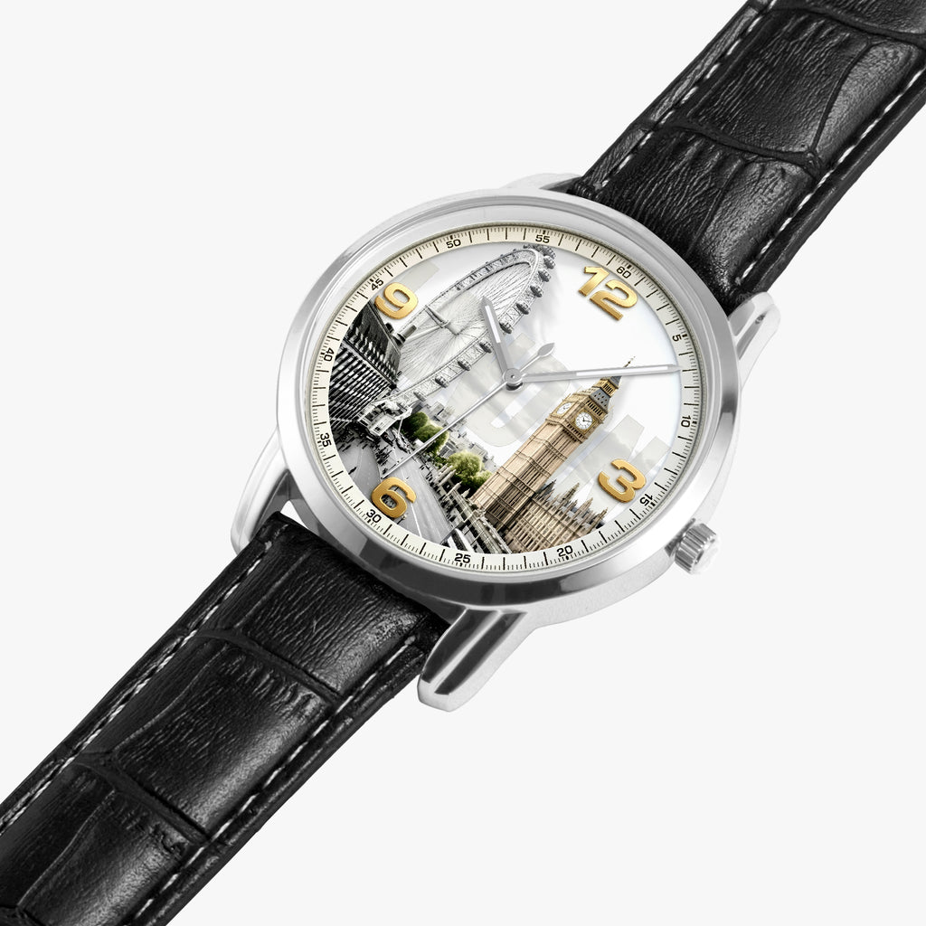 A wristwatch with a silver-toned case, a black leather strap, and a detailed London-themed dial featuring Big Ben and other landmarks, shown on a light gray background.