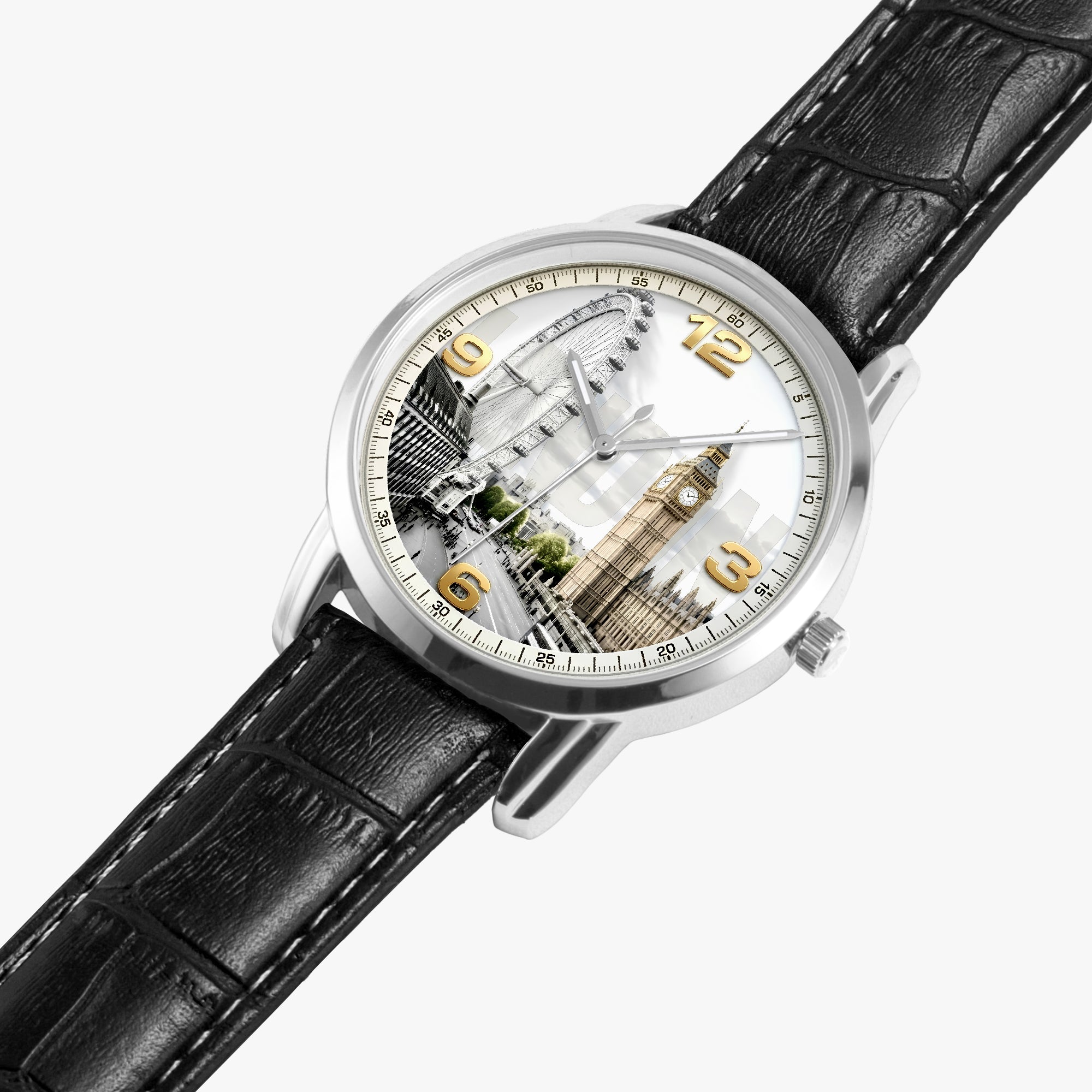 A wristwatch with a silver-toned case, a black leather strap, and a detailed London-themed dial featuring Big Ben and other landmarks, shown on a light gray background.