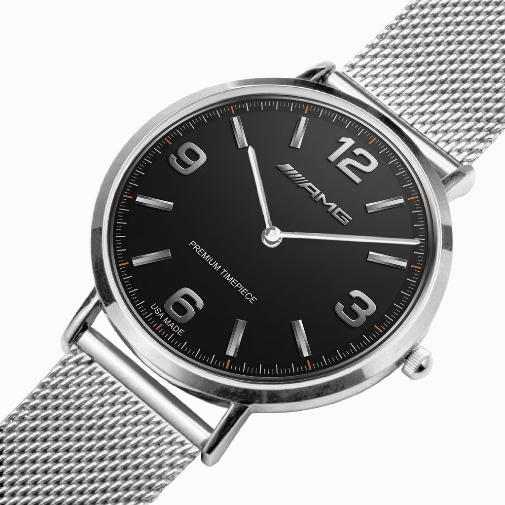 A silver-tone Mercedes-Benz AMG analog watch with a black dial and a silver mesh metal bracelet, shown on a clean white background.