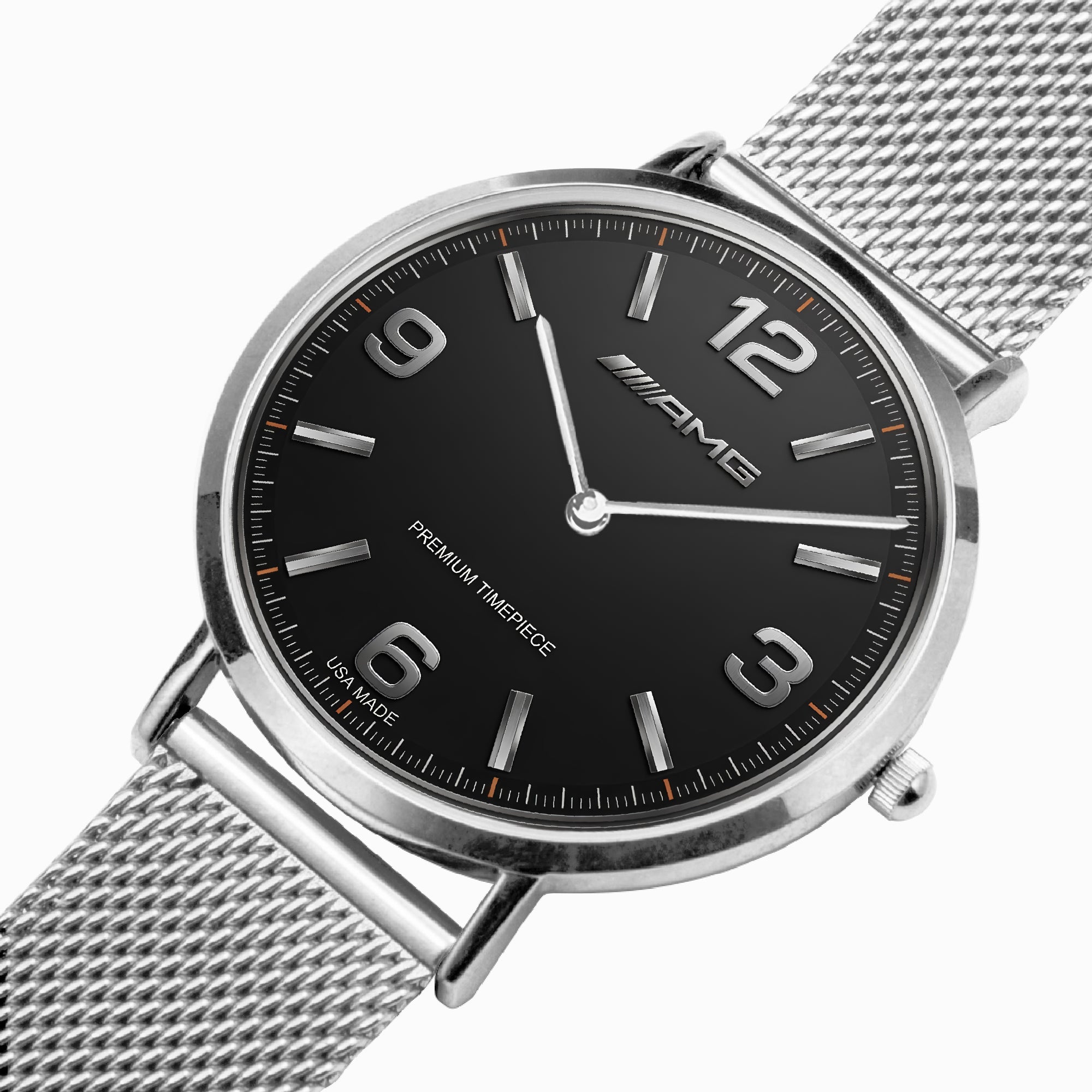 A silver-tone Mercedes-Benz AMG analog watch with a black dial and a silver mesh metal bracelet, shown on a clean white background.