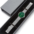 Joventra Bloodstone Timepiece watch — detail view of green prismic stone dial and mesh strap