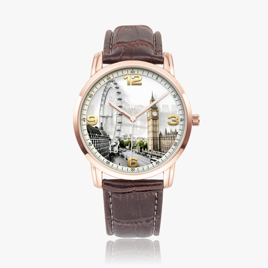 London Landmark Souvenir Watch by Joventra — Big Ben and London Eye dial, stainless steel case with leather strap