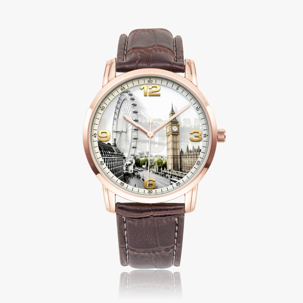 London Landmark Souvenir Watch by Joventra — Big Ben and London Eye dial, stainless steel case with leather strap