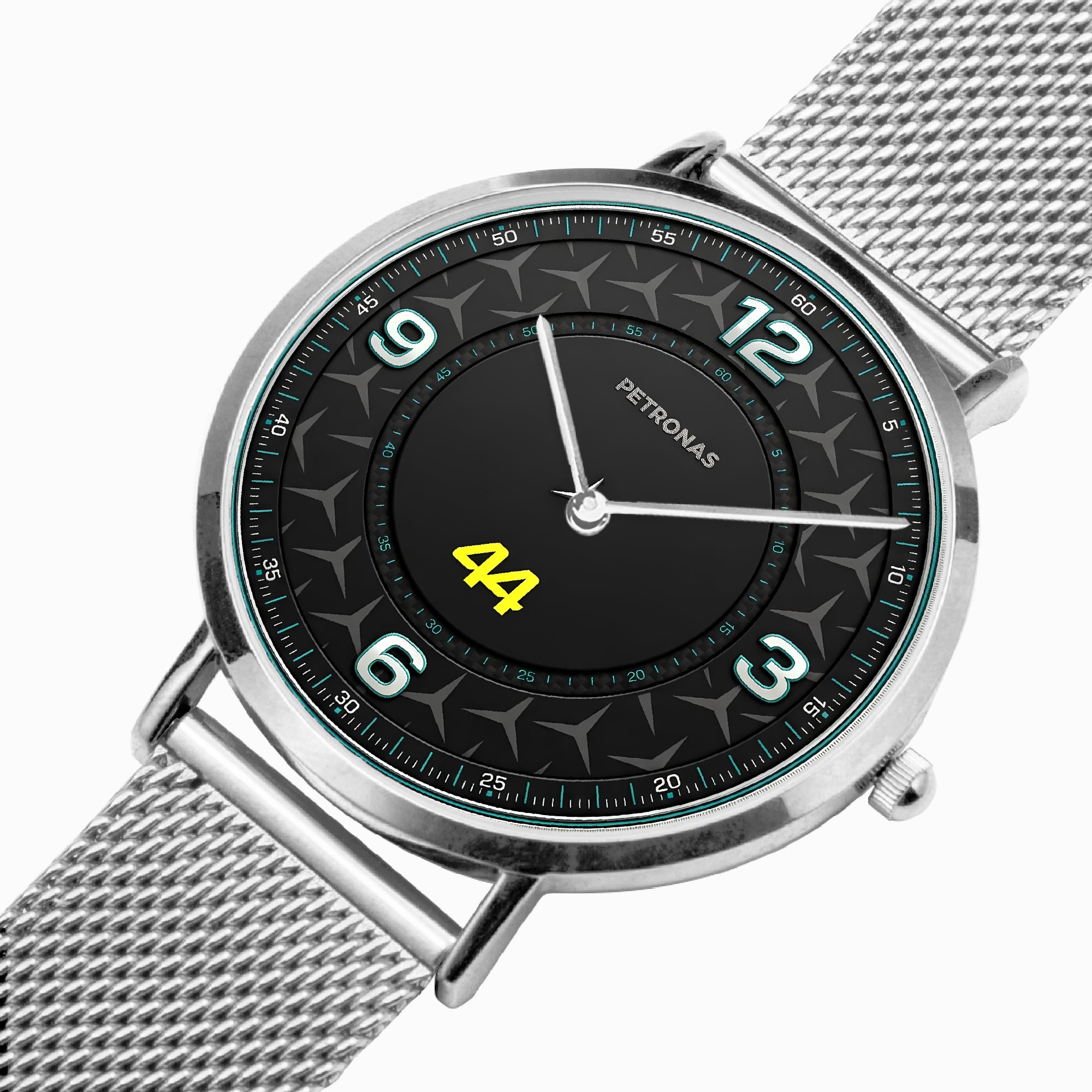 A Petronas wristwatch with a silver stainless steel mesh strap and a black dial featuring a star pattern, white Arabic numerals, and a bright yellow '44' on the center.