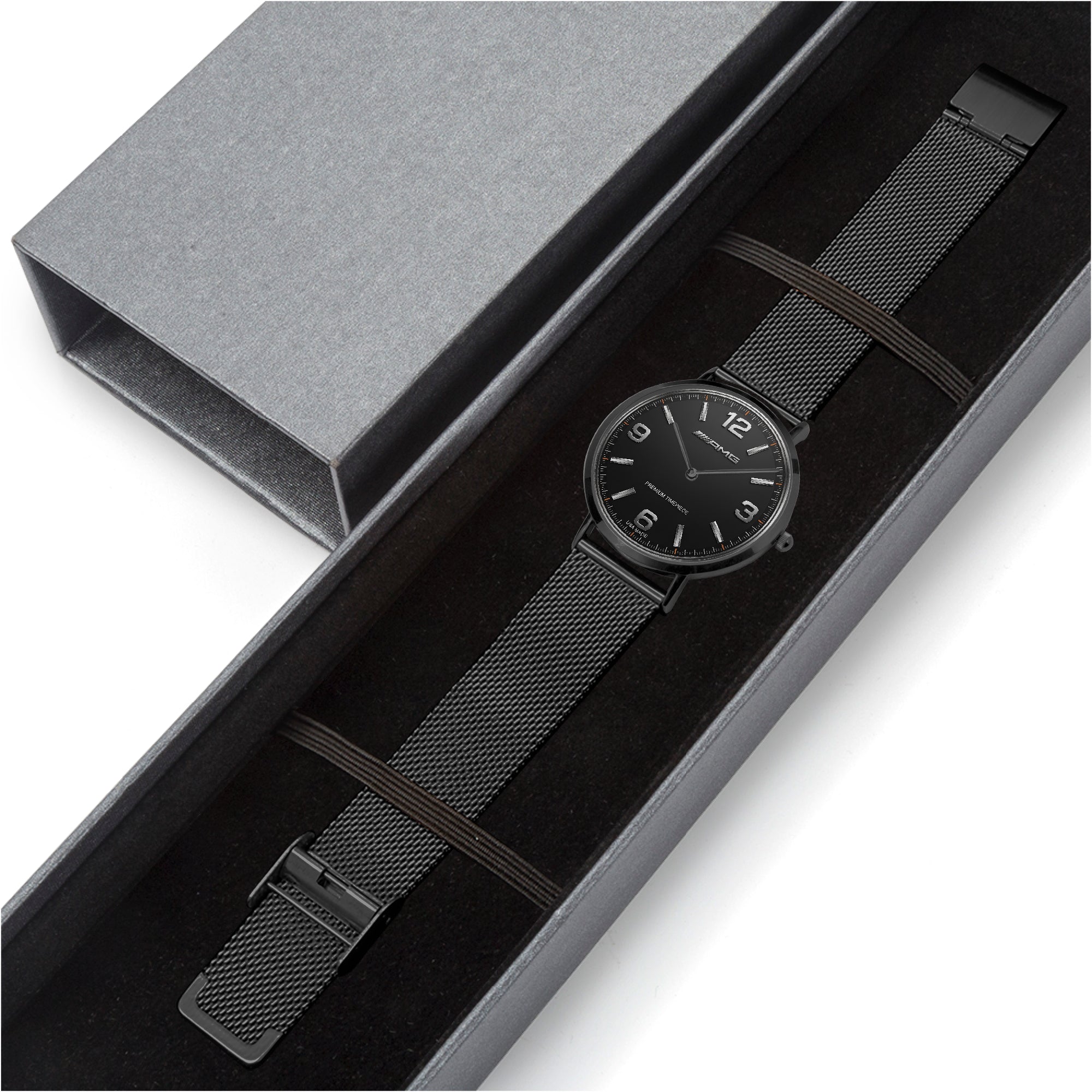 Watch with black mesh strap in a gray box on a white background