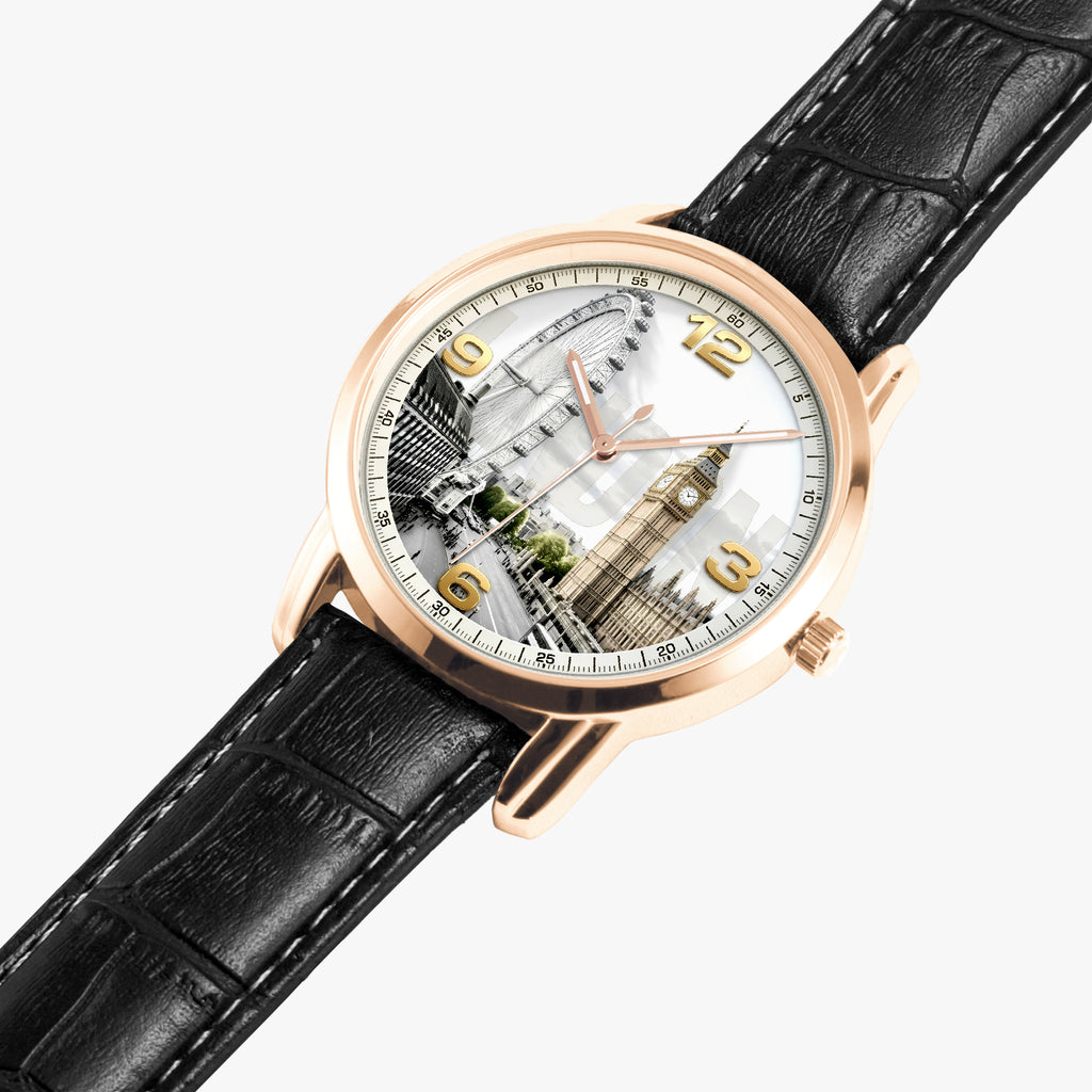 A wristwatch with a rose gold case, a black textured leather strap, and a white dial featuring a London cityscape illustration with Big Ben and gold Arabic numerals.