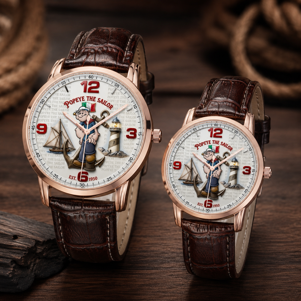 Two wristwatches with rose gold cases and dark brown leather straps, featuring a Popeye the Sailor nautical dial design, displayed on a dark wooden surface.