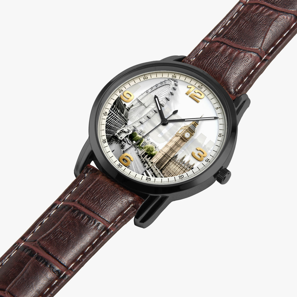 A wristwatch with a dark brown textured leather strap, a black case, and a white dial featuring a London-themed illustration with gold-colored numerals.