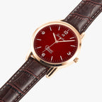 Joventra Classic Crimson Red watch — worn on wrist, showing case and strap detail