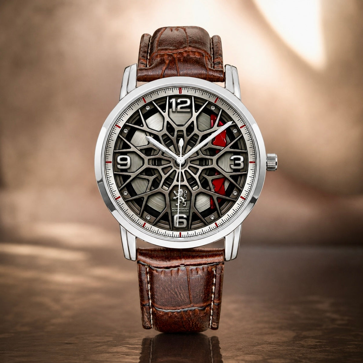Joventra Monaco Apex F1 Wheel Rim Racing Watch – Silver case with brown leather strap, 43mm, 3D wheel rim dial