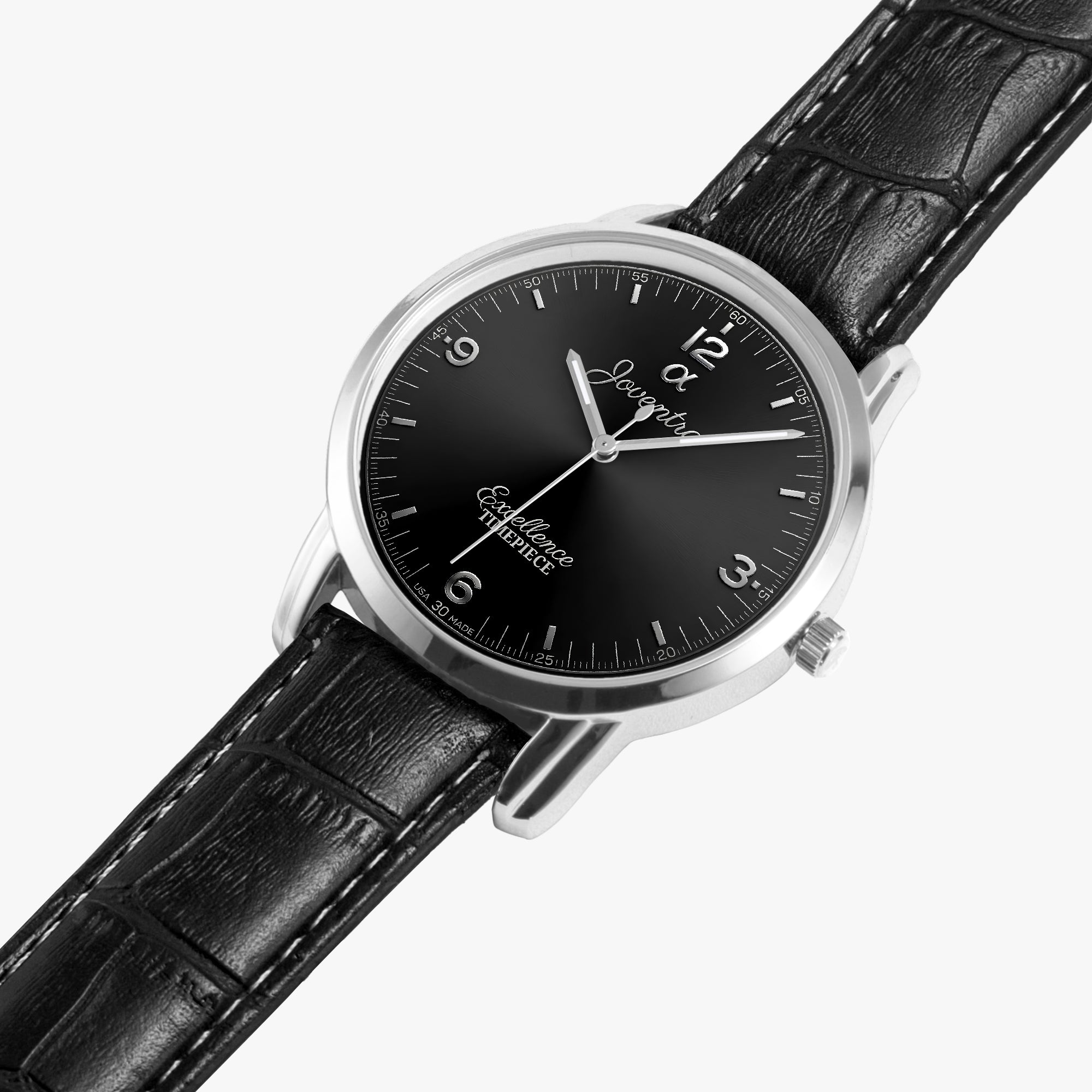 A wristwatch with a black dial, silver-tone case, and black leather strap, shown diagonally on a light gray background.