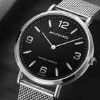 F1 racing inspired Joventra watch with Mercedes AMG style matte black dial and silver stainless steel mesh strap.