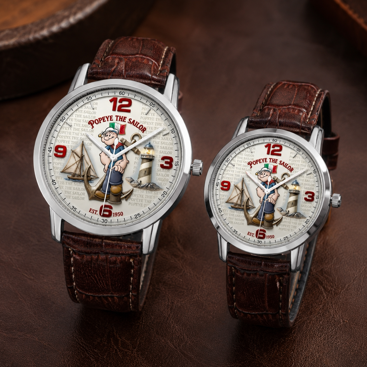 Two wristwatches with brown leather straps and silver cases, featuring a Popeye the Sailor nautical-themed dial, displayed on a dark brown textured surface.
