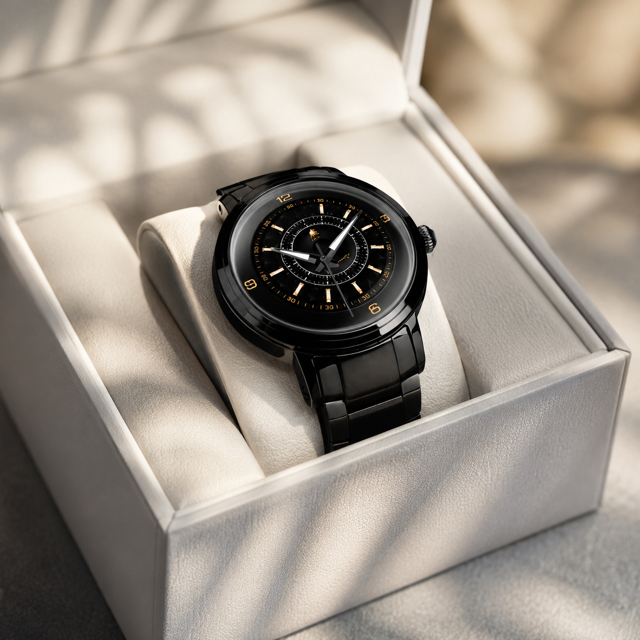 A black automatic motorsport analog watch with a round black dial and matching black strap, displayed inside an open light gray watch box on a cream cushion. The scene is lit with soft natural shadows.