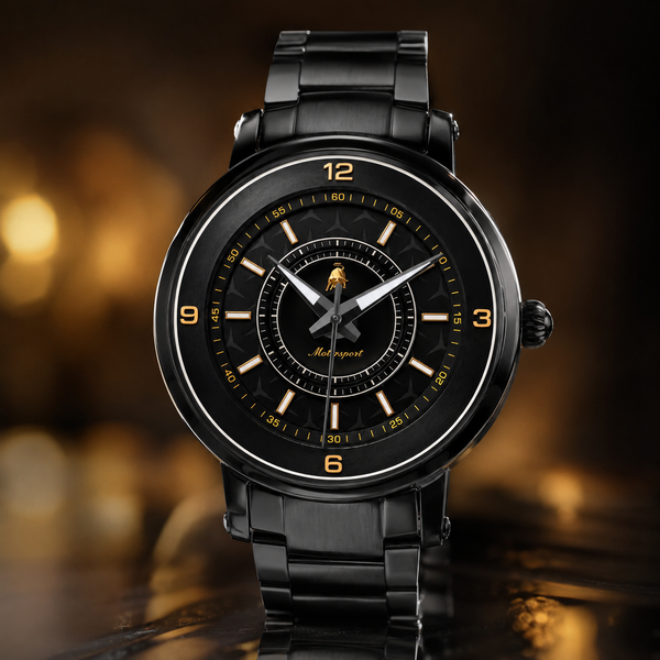 A black stainless steel wristwatch with a matching black link bracelet, featuring a black dial with gold-tone numerals, hands, and a small gold crest logo at the 12 o'clock position. The watch is photographed against a dark, warm, blurred background with golden bokeh lights.