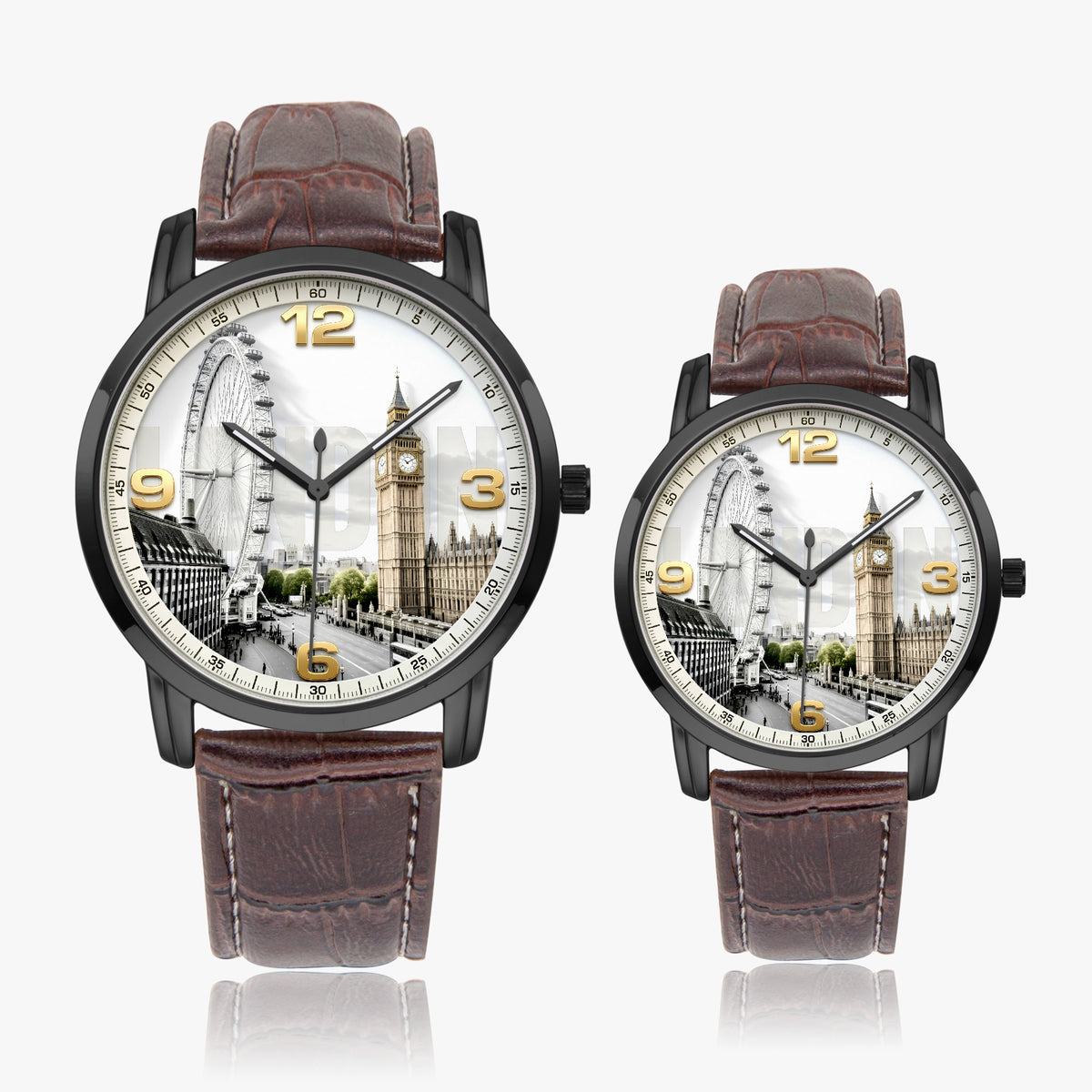 Two matching wristwatches with brown leather straps and black cases, featuring London-themed dial artwork with Big Ben, the London Eye, and street scenes on a light gray background.