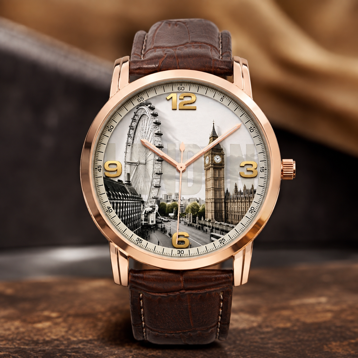 London landmark souvenir watch in a rose gold stainless steel case with a brown leather strap, featuring a dial with Big Ben and the London Eye.