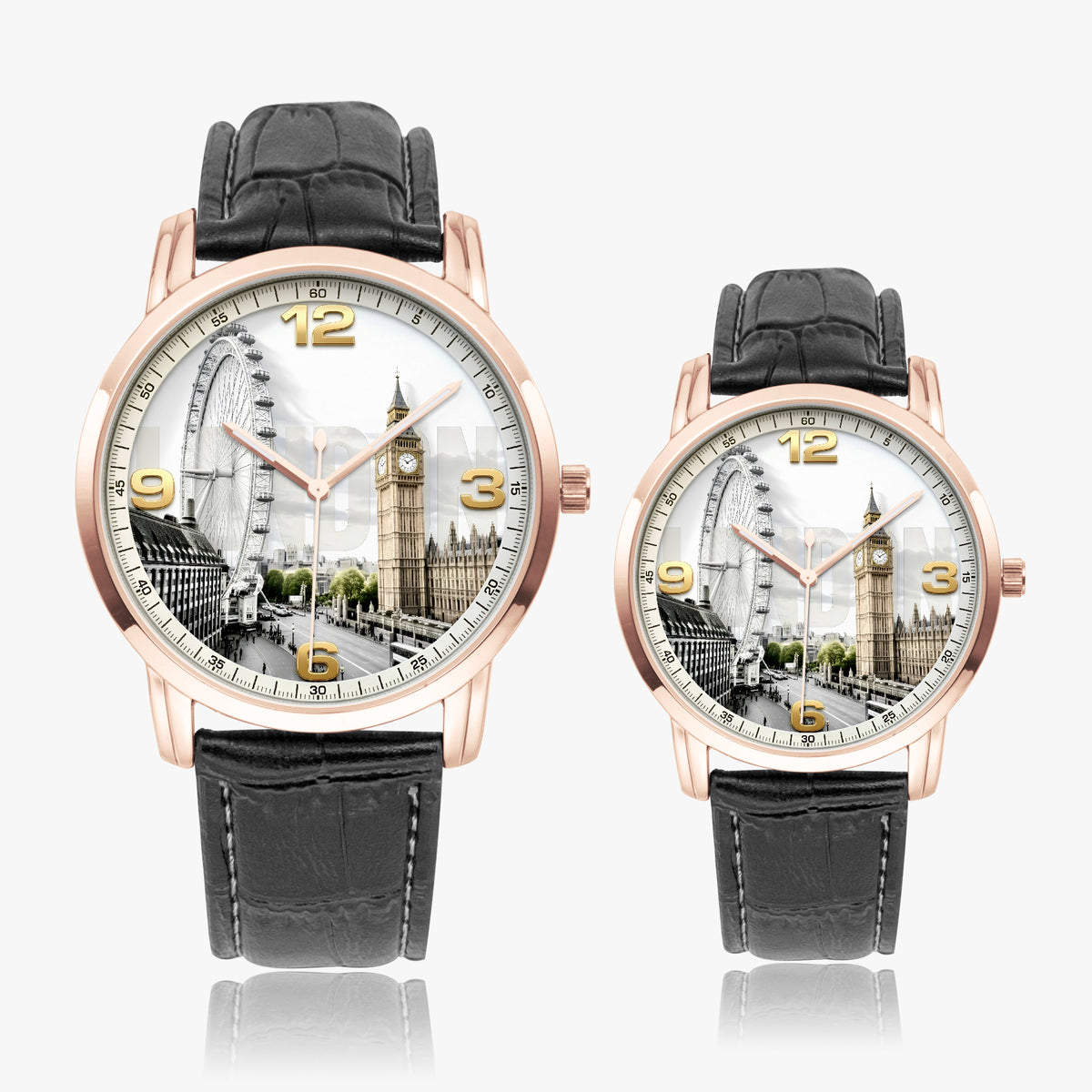 Two matching wristwatches with rose gold-toned cases, black leather straps, and London-themed dial faces featuring Big Ben, London Eye, and street scenes, shown on a light gray background.