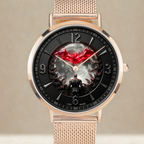 Joventra Dark Knight bat superhero watch with silver mesh stainless steel band, dark moon dial, and red bat logo.