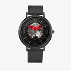 A black analog watch with a textured mesh strap and a round black dial featuring a red bat-like emblem and a dark fantasy-style graphic on the face, shown against a light gray background.