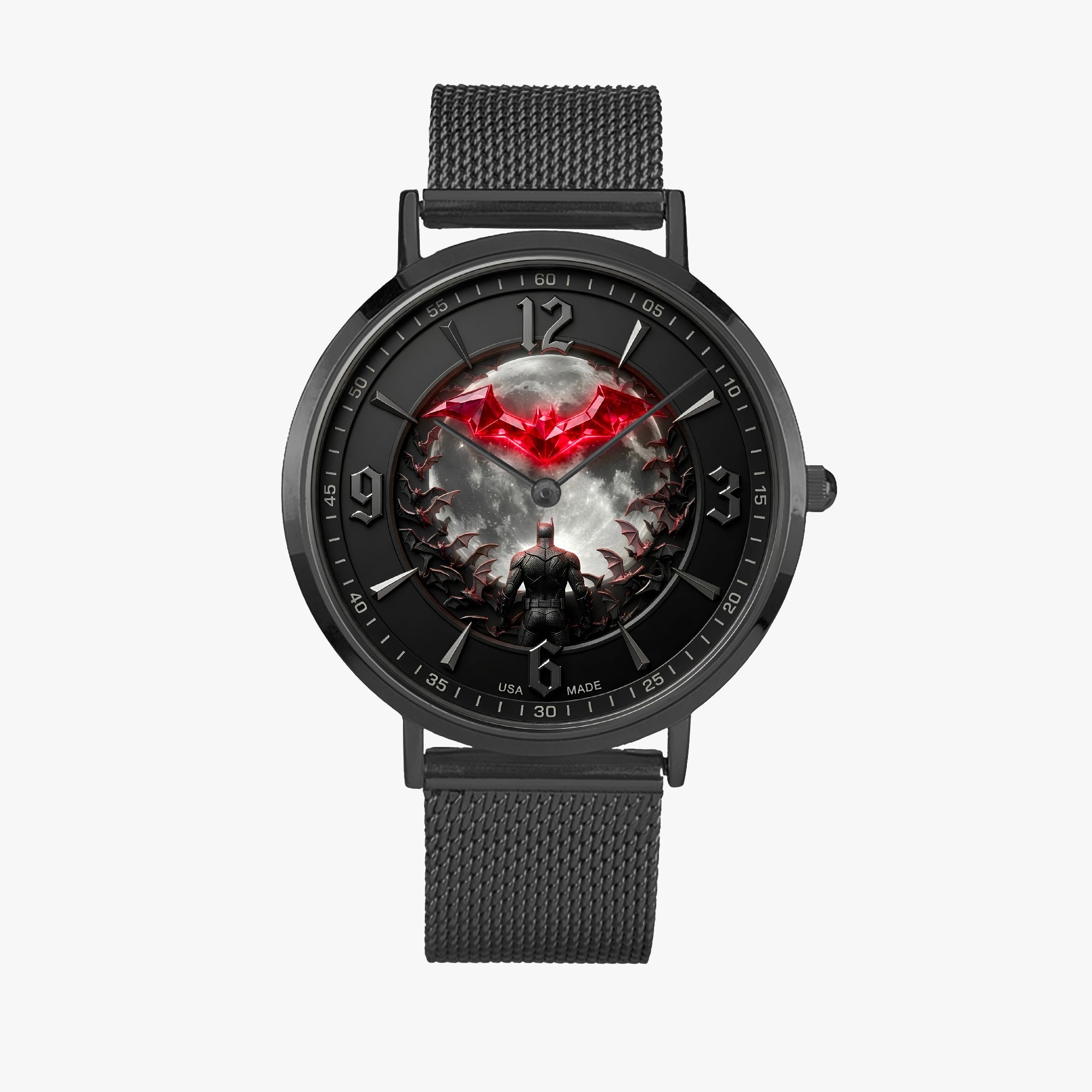 A black analog watch with a textured mesh strap and a round black dial featuring a red bat-like emblem and a dark fantasy-style graphic on the face, shown against a light gray background.