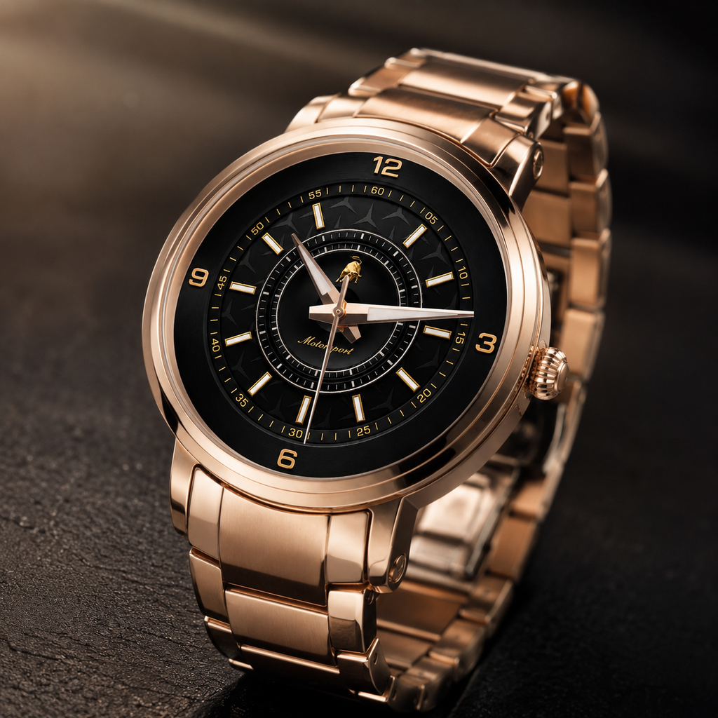 A luxury men's analog watch with a polished rose gold metal bracelet and case, featuring a black dial with gold-tone indices and hands.