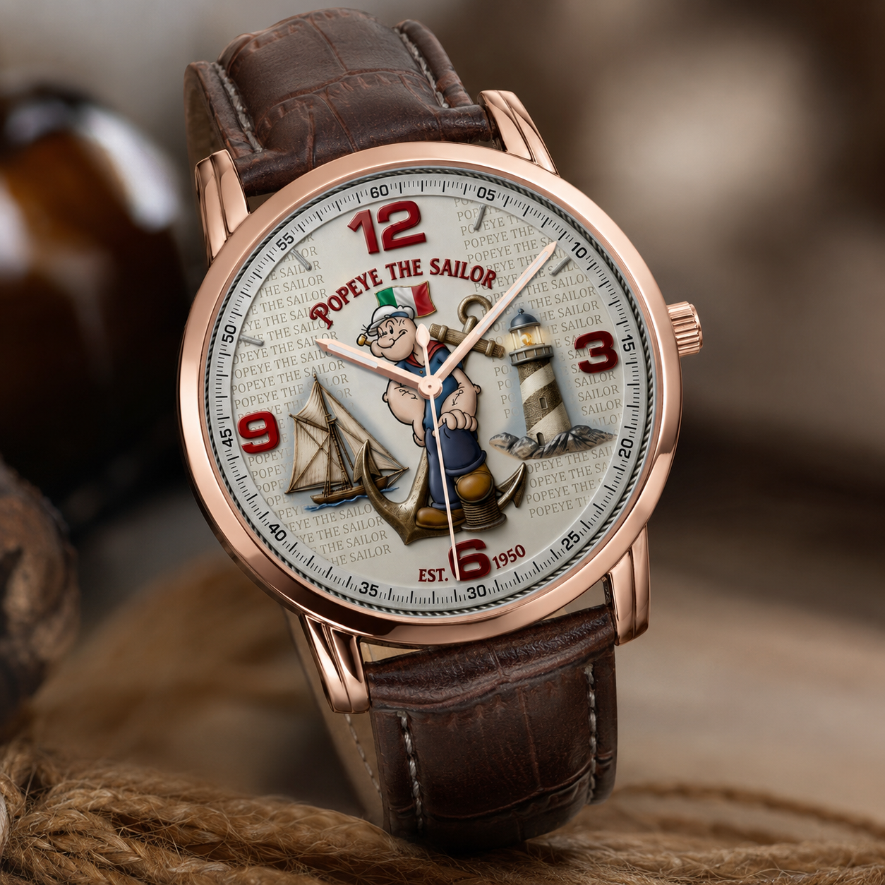A wristwatch with a rose gold-toned case, a brown leather strap, and a detailed Popeye the Sailor themed dial, displayed on a rustic wooden surface.