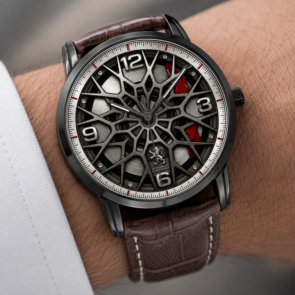 Joventra Monaco Apex F1 Racing Watch worn on wrist, showing 3D wheel rim dial detail