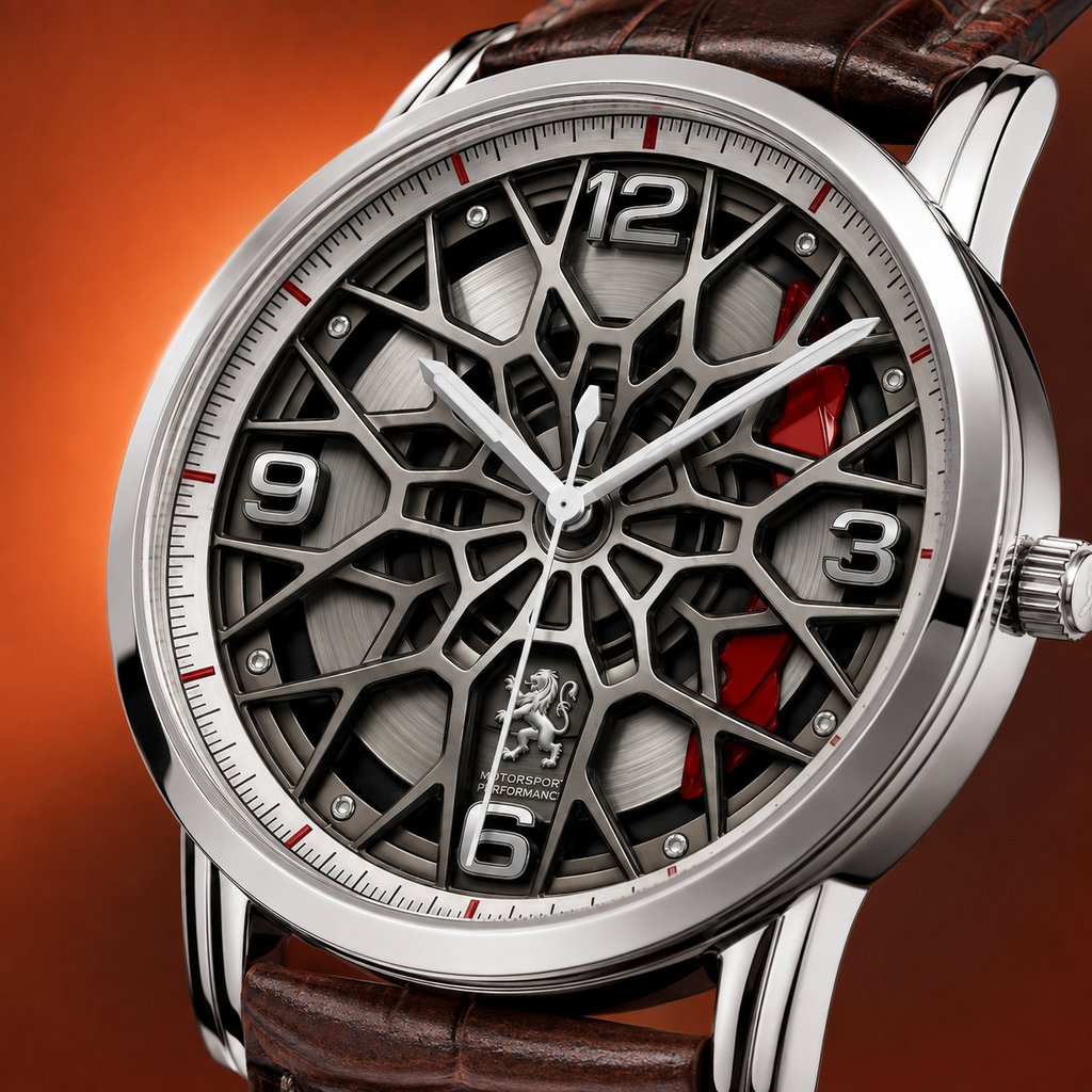 Close-up of Joventra Monaco Apex F1 watch dial with red brake caliper accent and racing numerals