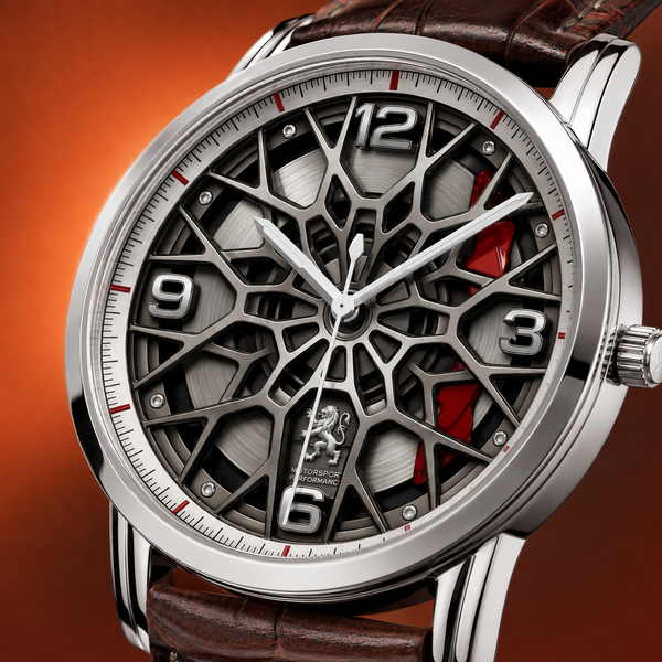 Close-up of Joventra Monaco Apex F1 watch dial with red brake caliper accent and racing numerals