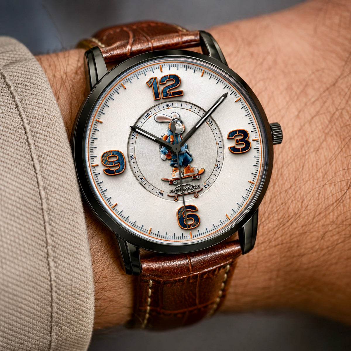 Hypebeast Skater Rabbit Pop Art Watch - close-up of the Skater Rabbit graphic dial