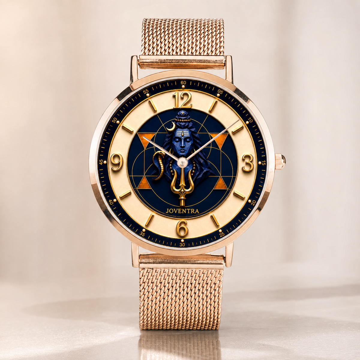 Lord Shiva (Mahadev) Divine Geometry Watch - front view of the 3D Shiva and Trishul dial