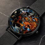 A Joventra Celestial abstract fluid art watch, close-up of dial and strap.