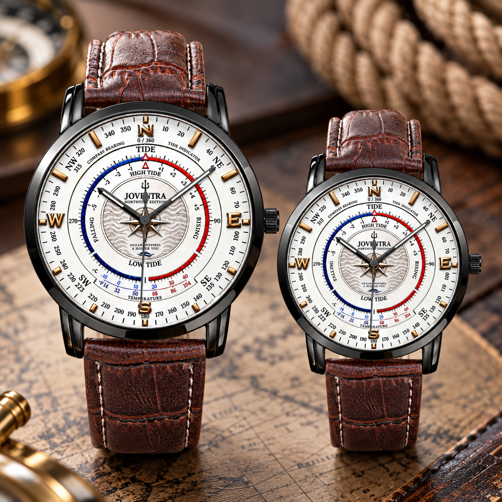 Mariner Northtide Navigator Compass & Tide Indicator Watch by Joventra - 31mm and 43mm size comparison