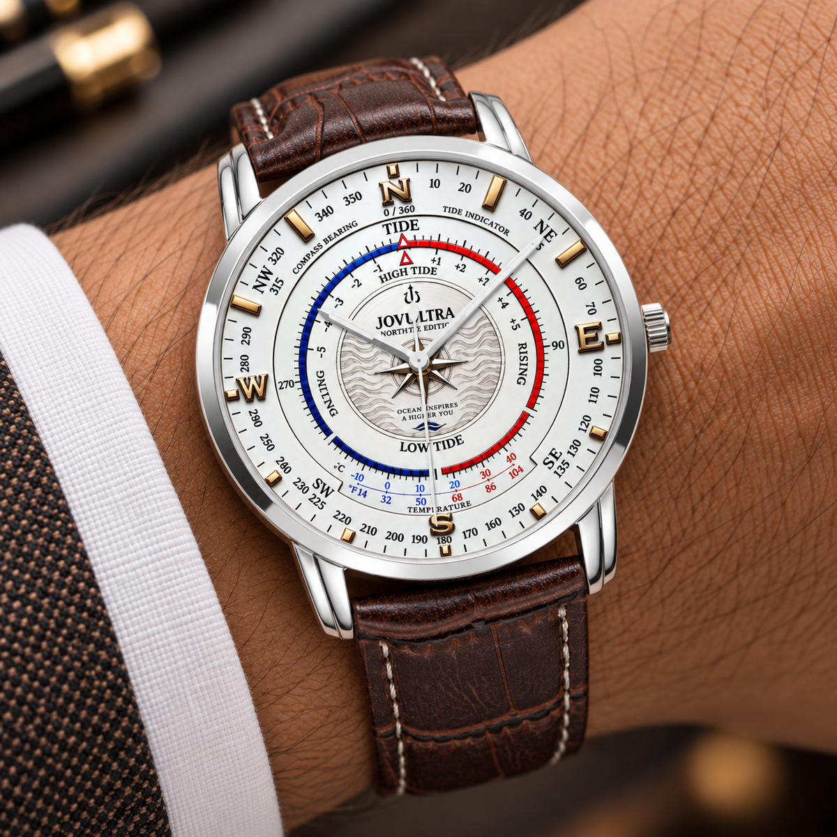 Mariner Northtide Navigator Compass & Tide Indicator Watch by Joventra - compass bearing bezel close-up
